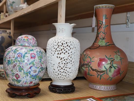 A Chinese peach vase, a reticulated vase and a jar and cover